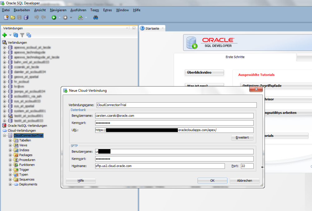 Oracle Cloud: Erstellen einer Cloud Connection zum Database Schema Service