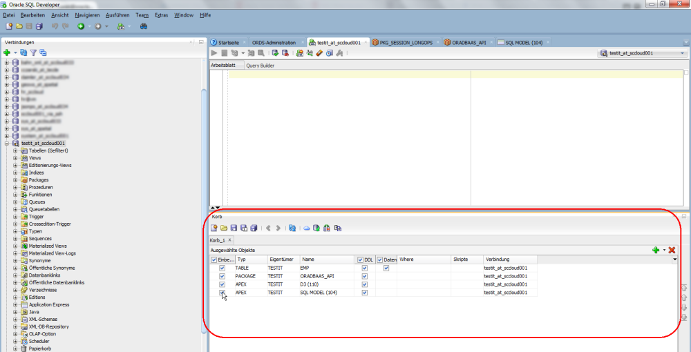 Datenbankobjekte im SQL Developer "Cart"