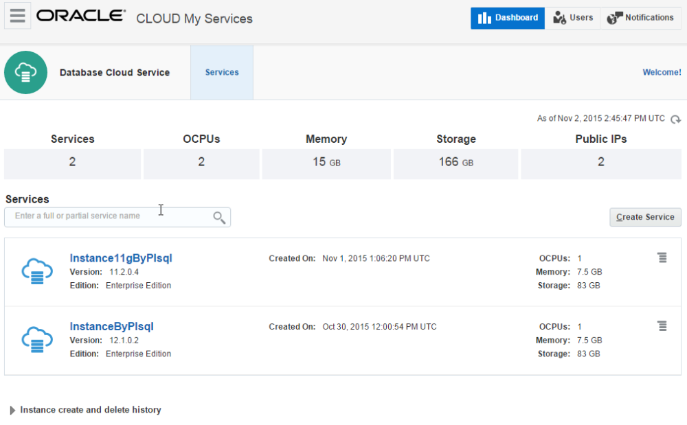 Oracle Cloud: Database as a Service Konsole