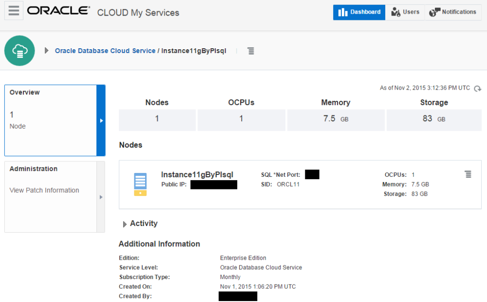 Oracle Cloud: Instanzdetails Database as a Service