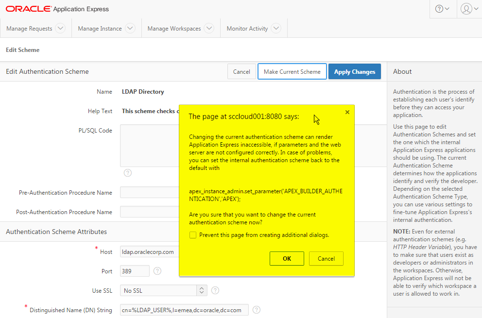 Workspace-Authentifizierung umstellen: APEX-Warnung
