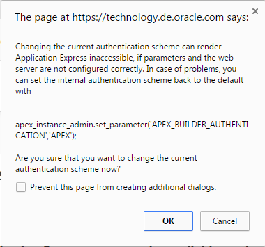 APEX-Warnung vor dem Umstellen des Authentifizierungsschemas