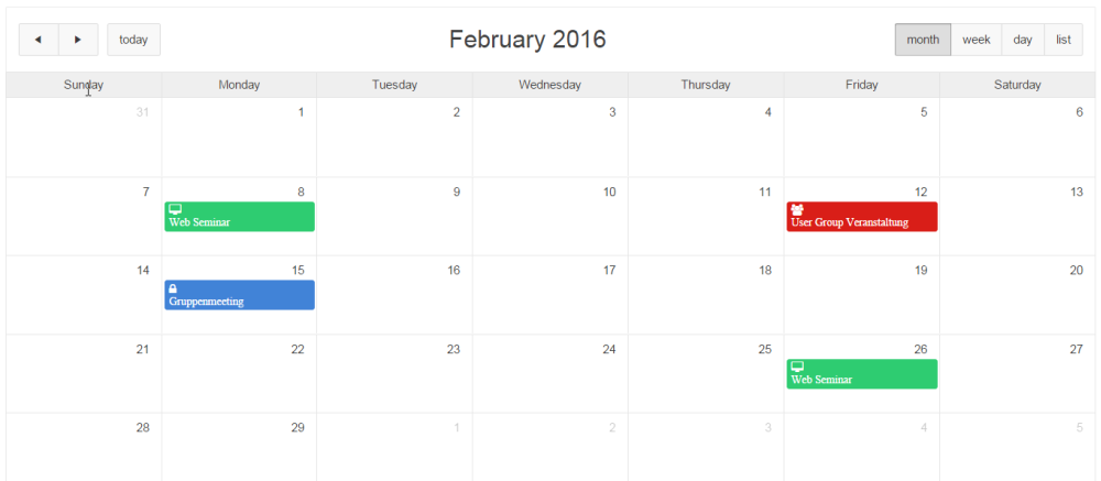 Kalenderansicht mit zus&auml;tzlichen Font Awesome Symbolen