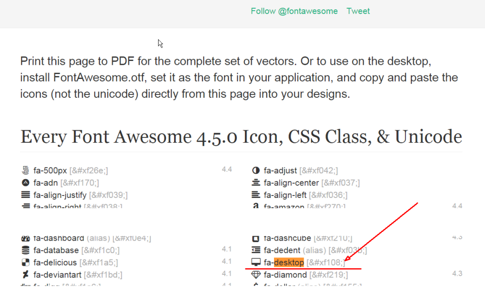 Codepunkte der Font Awesome-Icons im Font Awesome Cheatsheet