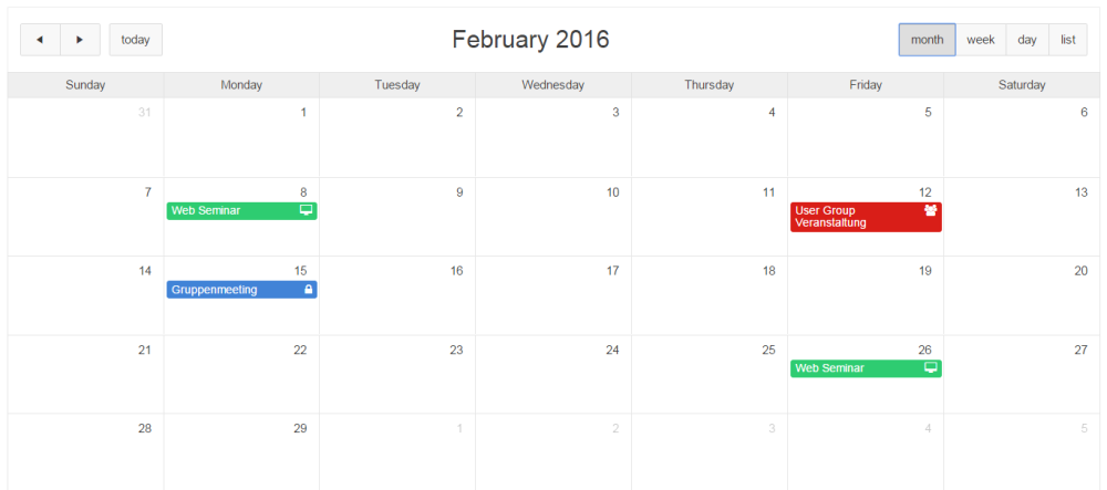 Kalenderansicht mit Font Awesome Symbolen - nun an der richtigen Stelle