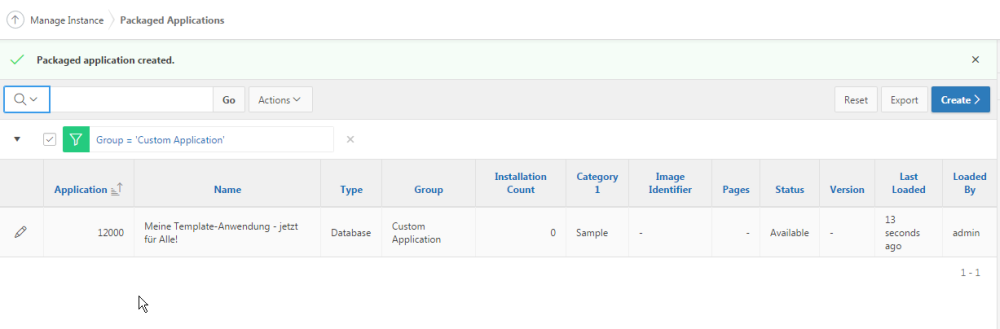 Die hochgeladene Anwendung ist nun Teil der Packaged Applications
