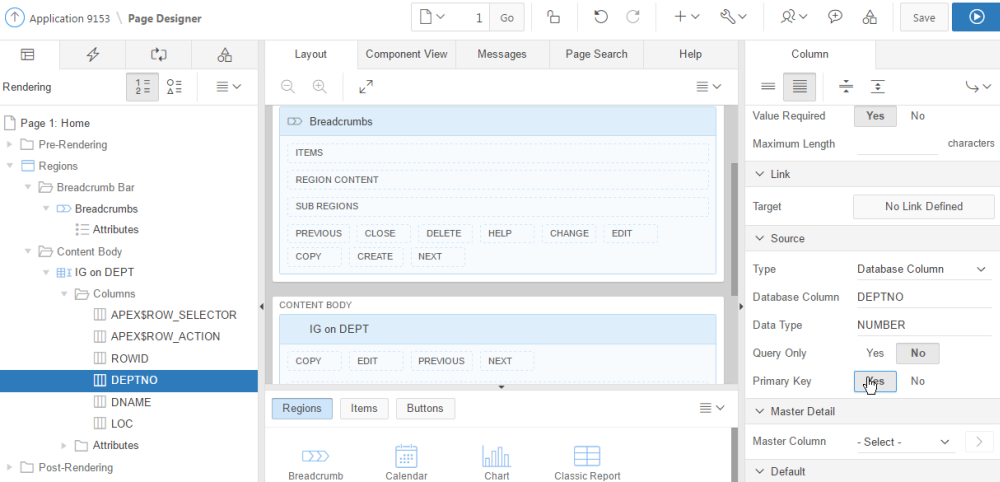Die Spalte DEPTNO wird im Interactive Grid als Primary Key markiert