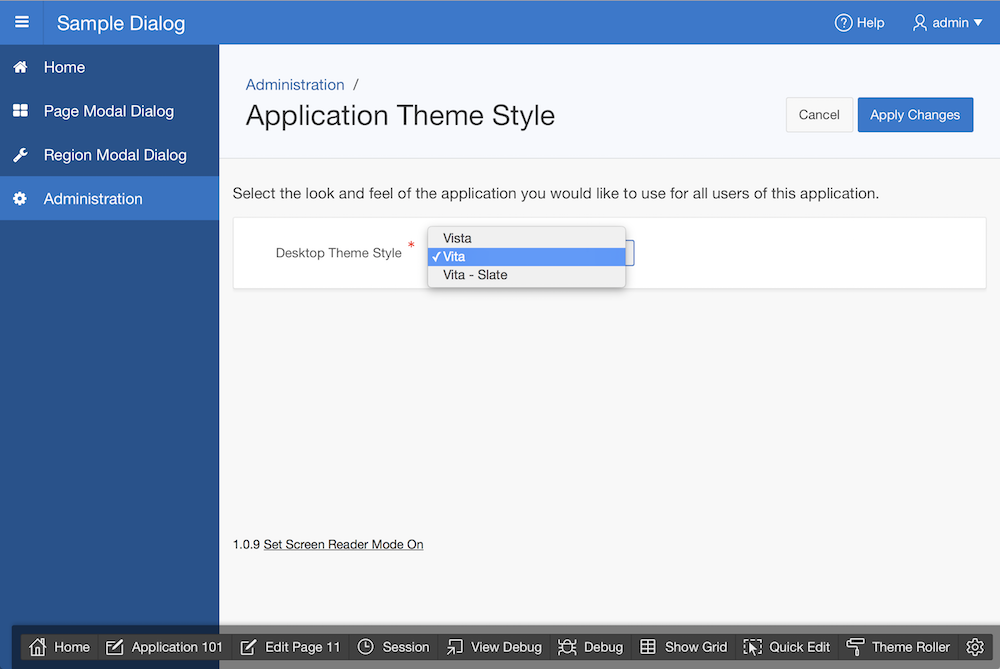 Administrationsseite zur Auswahl eines Theme Style in einer Packaged Application