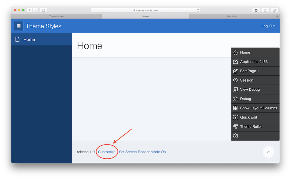 Der Link "Customize" erscheint standardm&auml;&szlig;ig unten links