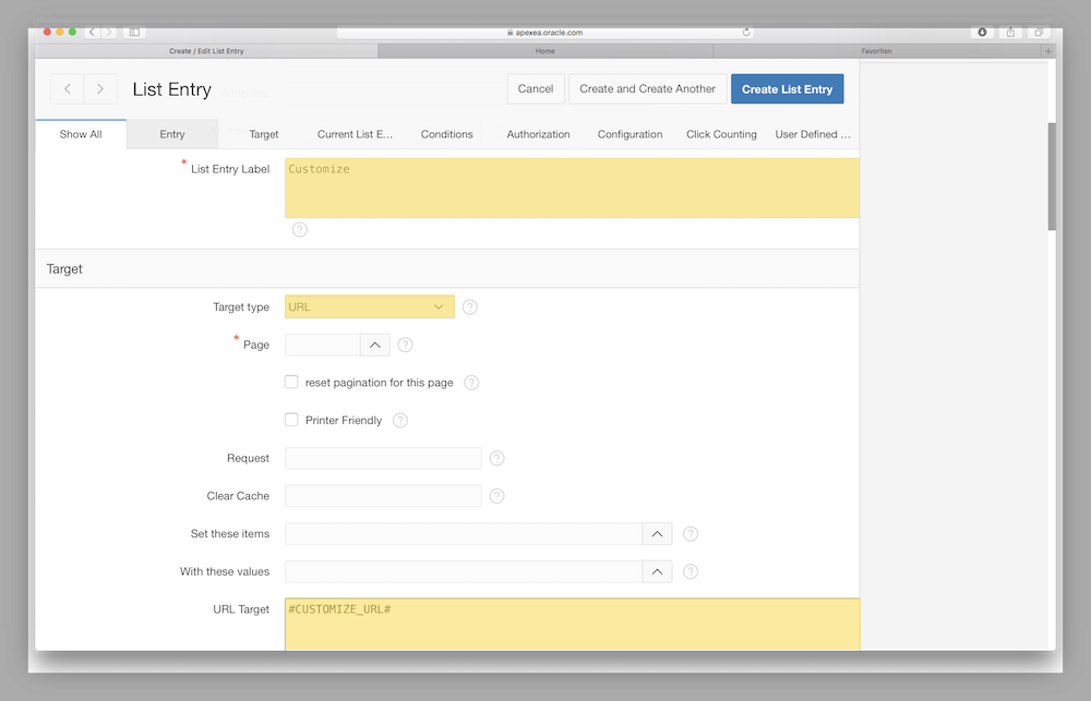 Erzeugen Sie einen Listeneintrag "Customize" mit Ziel "#CUSTOMIZE_URL#" 