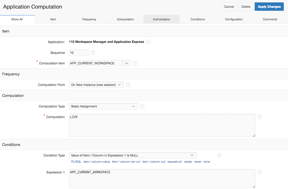 Set "APP_CURRENT_WORKSPACE" to "LIVE", if NULL
