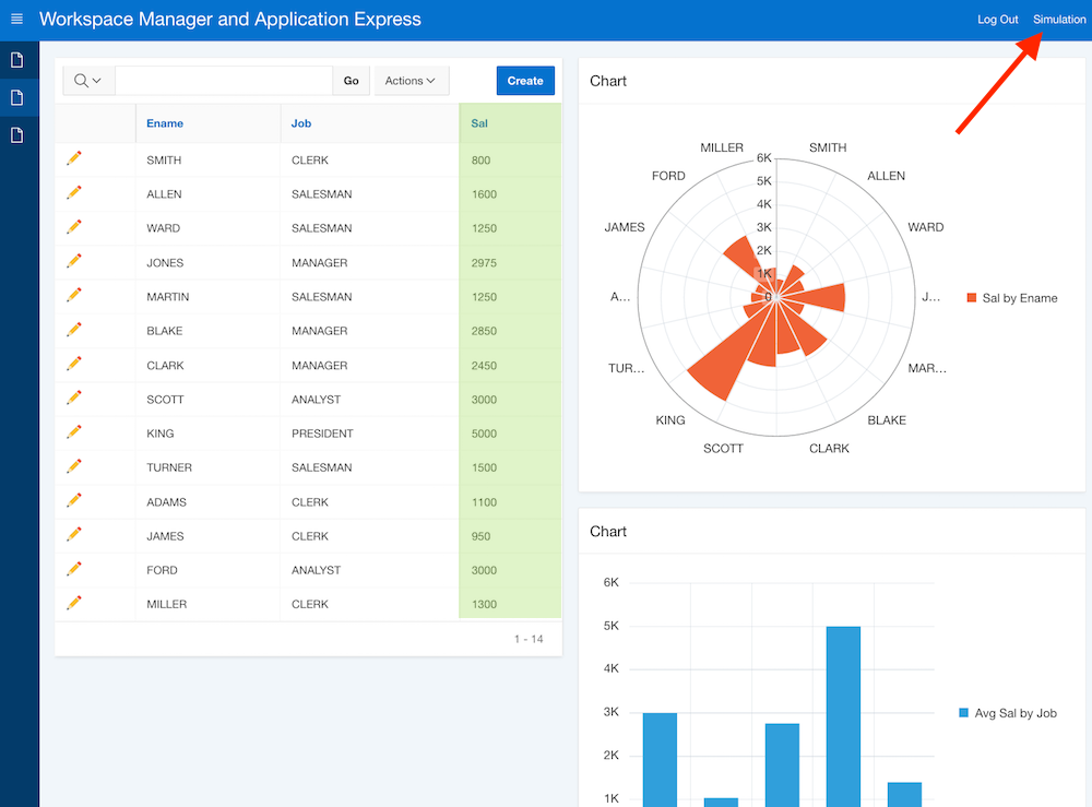 Application Express components on the "EMP" table: - current workspace is "Simulation"