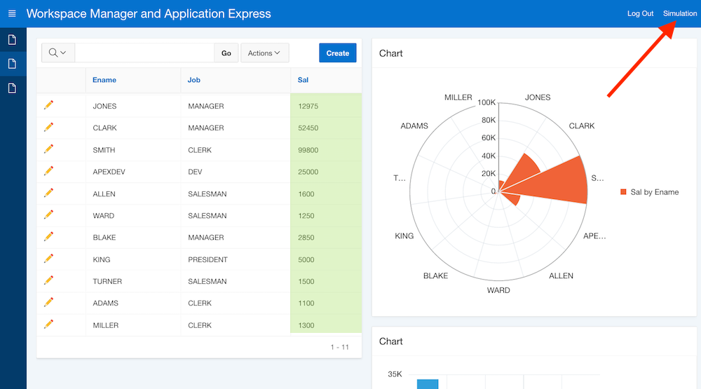 Application Express components on the "EMP" table: - current workspace is "Simulation"