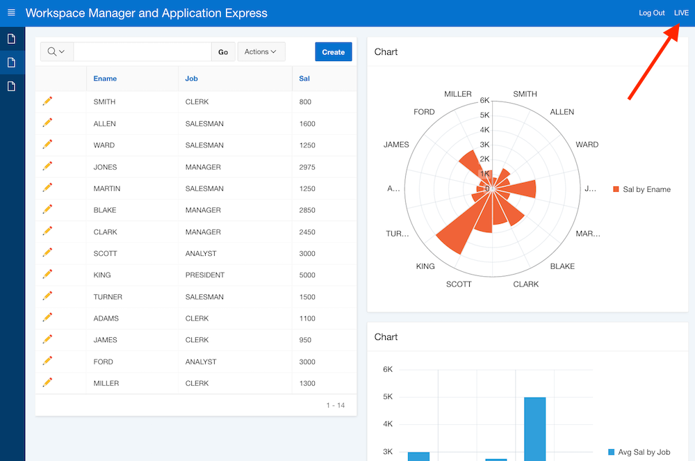 Application Express components on the "EMP" table: - current workspace is "LIVE"