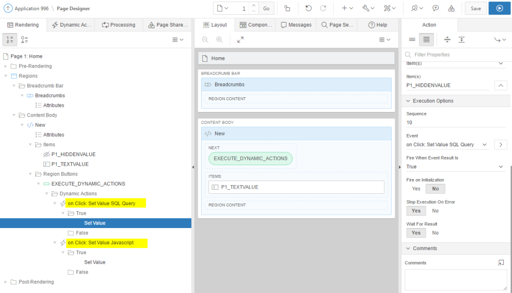 Sample page with the two dynamic actions