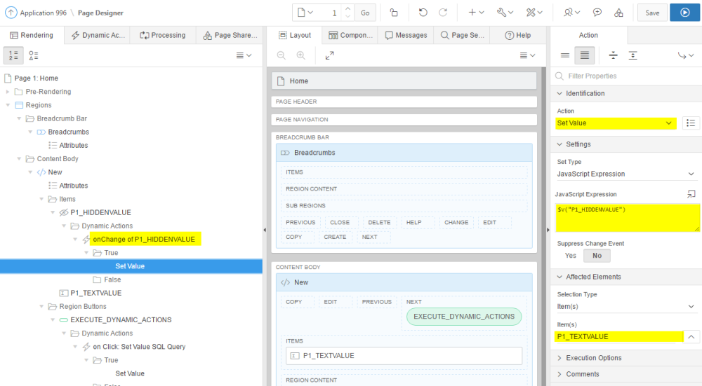Asynchronous flow of dynamic actions: "P1_TEXTVALUE" is set "on change" of "P1_HIDDENVALUE"