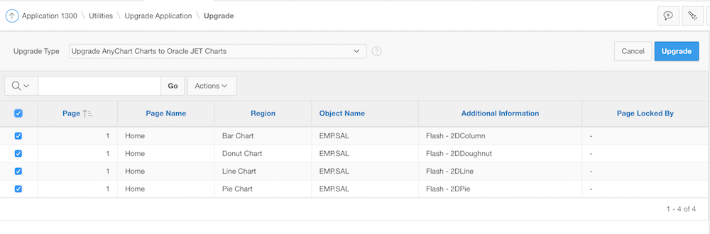 Choose the chart regions which are to be upgraded to Oracle JET charts