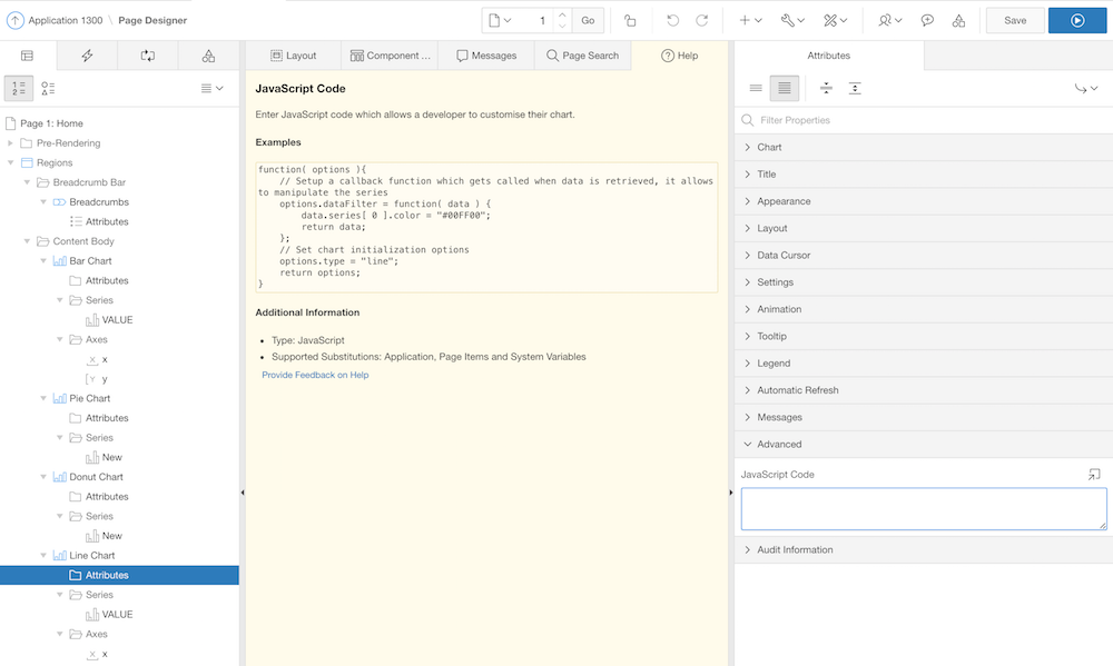 Customize an Oracle JET charts with "Javascript Code" in the "Advanced" section