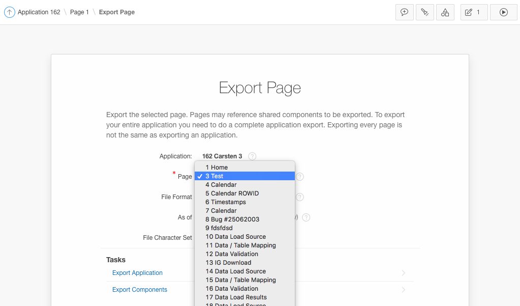 A select list allows to choose the page to be exported