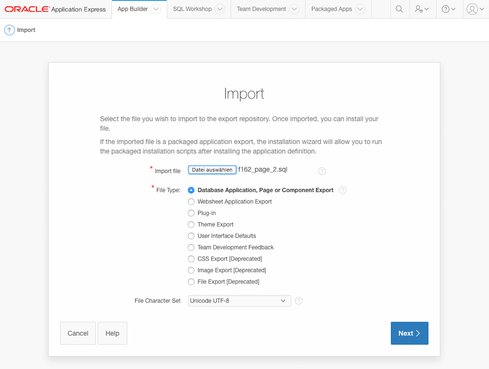 Import the exported page, back into the application