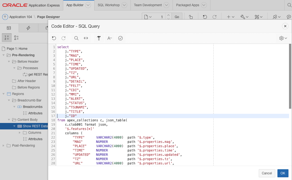 Create a report region to actually display the REST service data