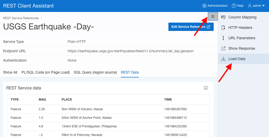 Available actions for a REST service reference within REST Client Assistant