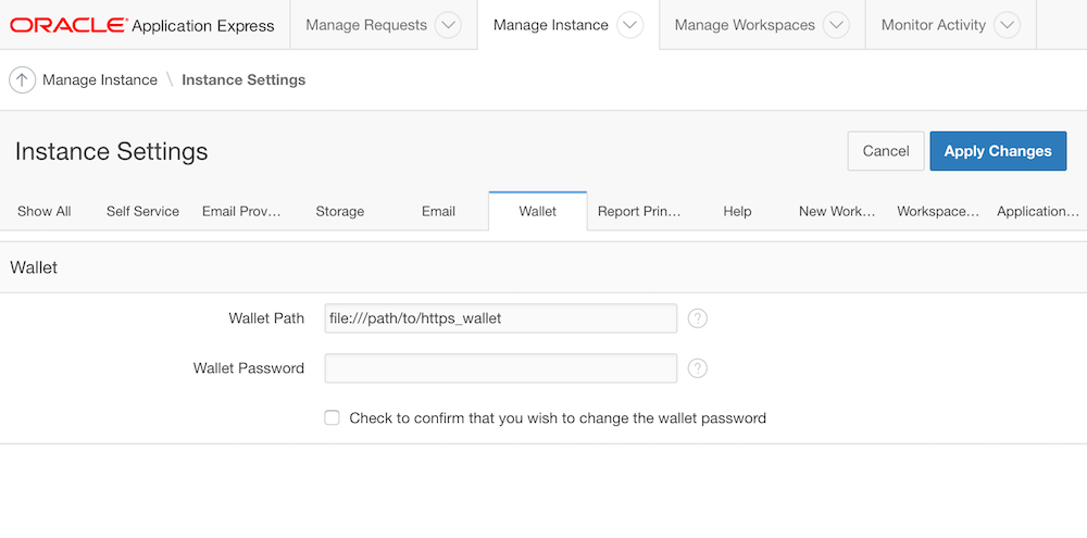 Configure the path to the wallet files as the Wallet Path attribute in Application Express Instance Settings
