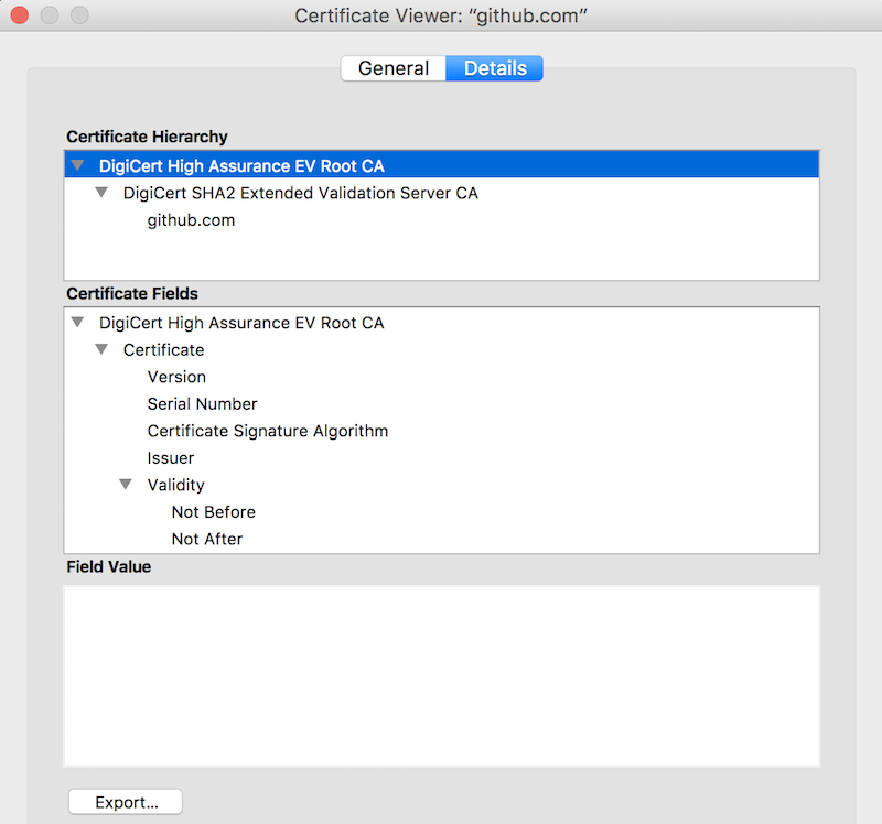 Export the root certificate for the github.com website
