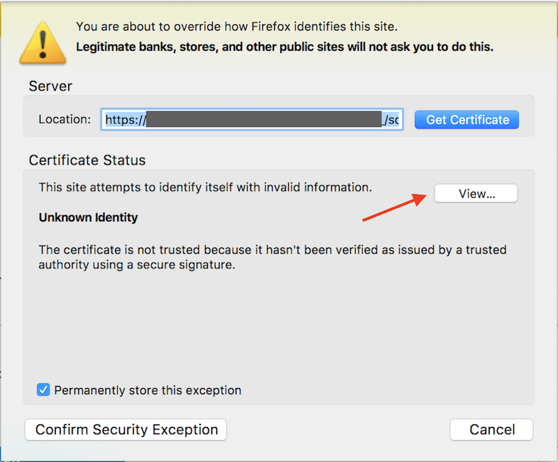 The browser shows details about the web site using the self-signed certificate