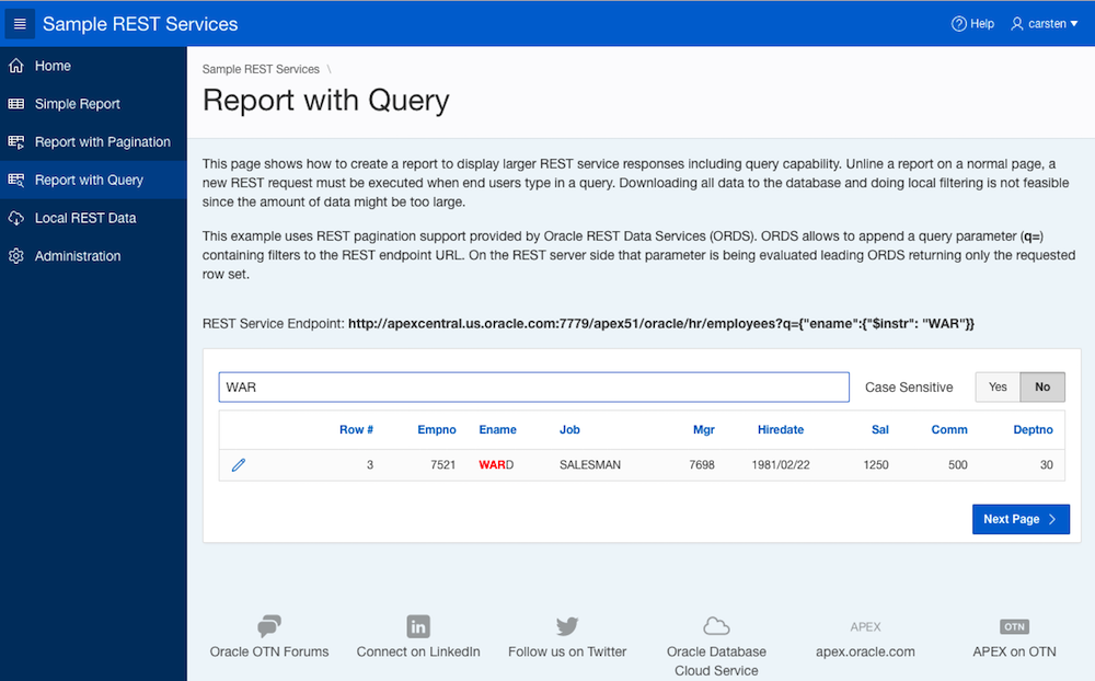 ORDS filtering syntax in combination with an Application Express Classic Report