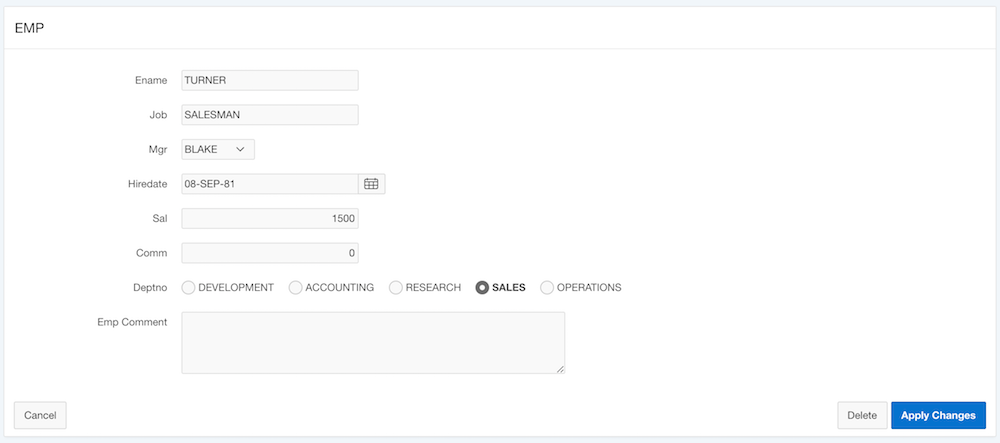 Example form: Table EMP