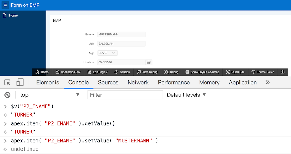 Work with Javascript and page items in the developer console