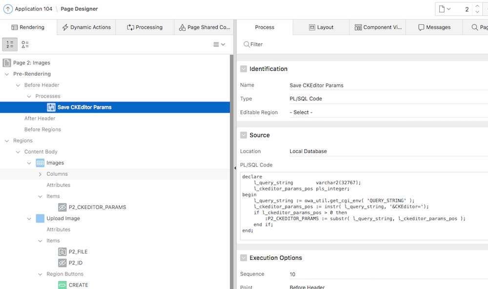 Add the P2_CKEDITOR_PARAMS item and PL/SQL code to capture the CKEditor URL parameters